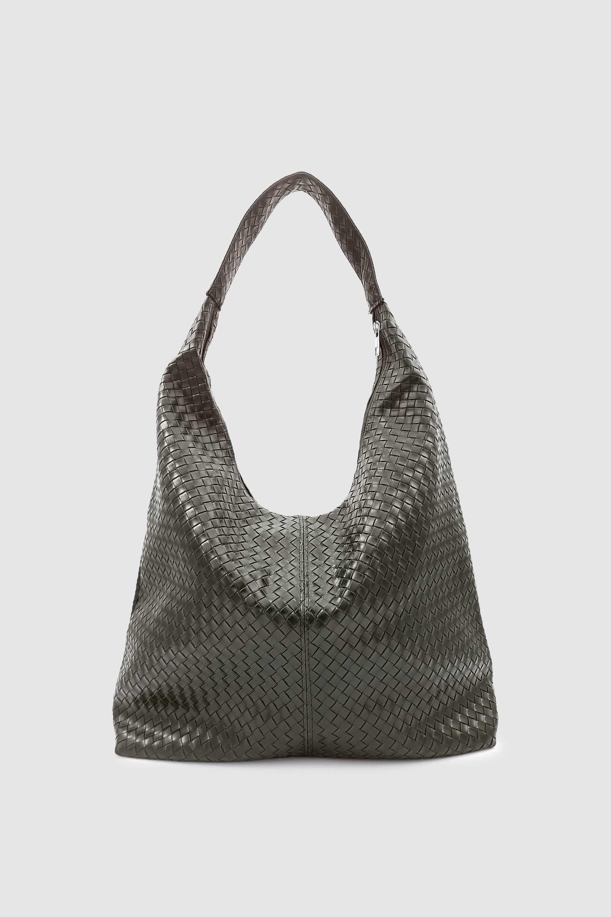 Plaro Örgü Desen Büyük Hacimli Fermuarlı Hobo Omuz Çantası Haki