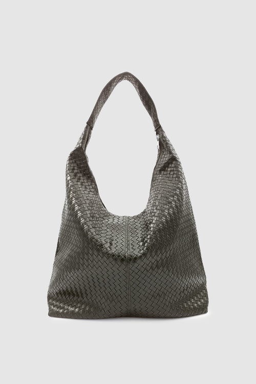 Plaro Örgü Desen Büyük Hacimli Fermuarlı Hobo Omuz Çantası Haki