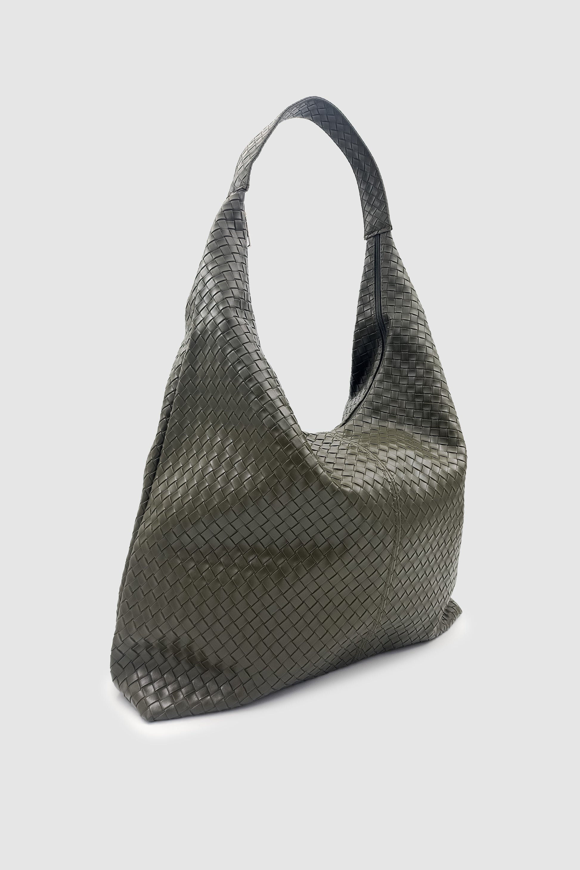 Plaro Örgü Desen Büyük Hacimli Fermuarlı Hobo Omuz Çantası Haki