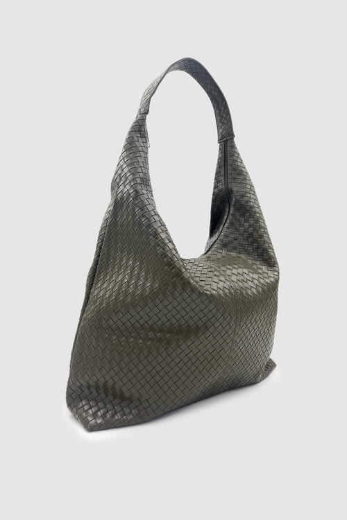 Plaro Örgü Desen Büyük Hacimli Fermuarlı Hobo Omuz Çantası Haki