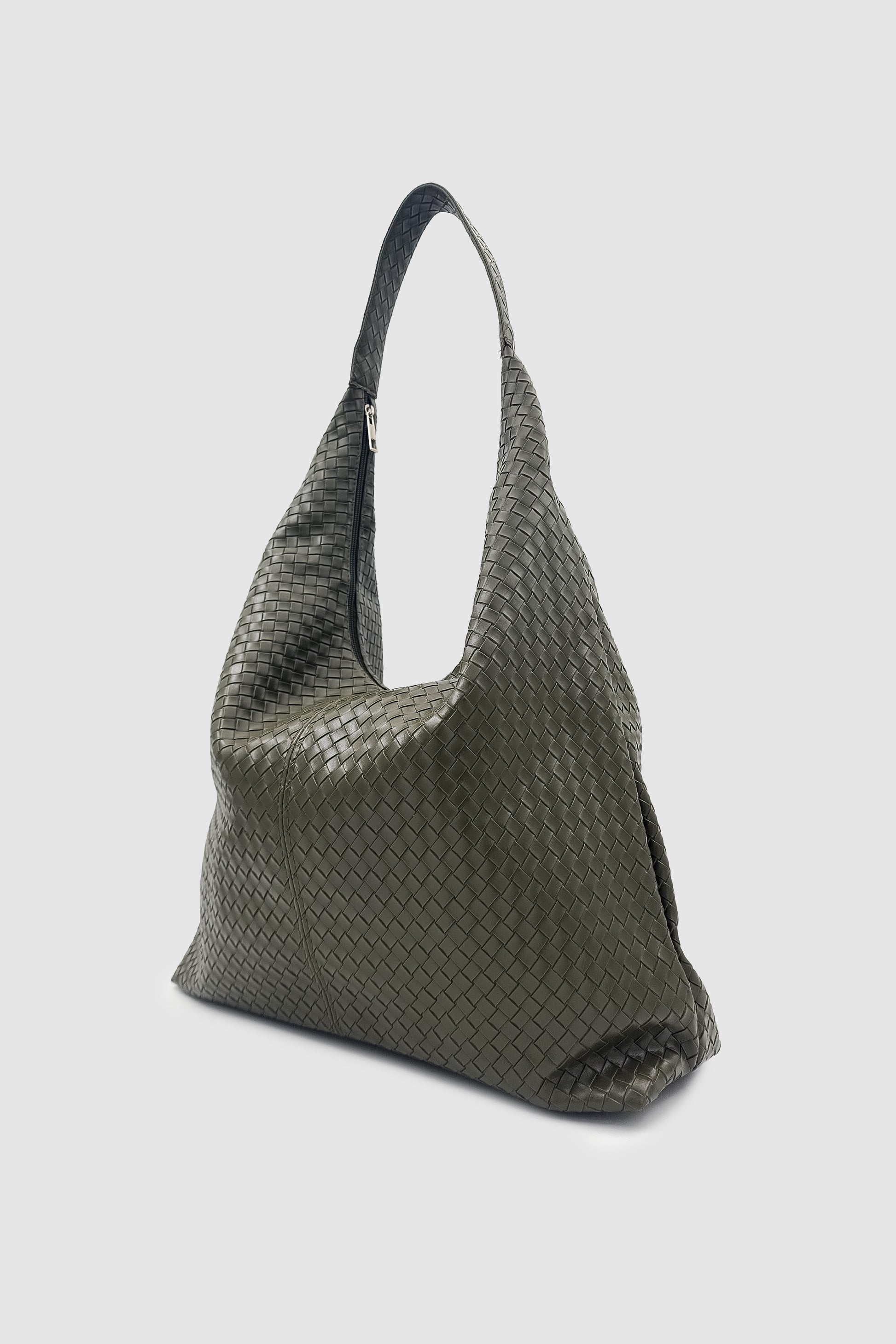 Plaro Örgü Desen Büyük Hacimli Fermuarlı Hobo Omuz Çantası Haki