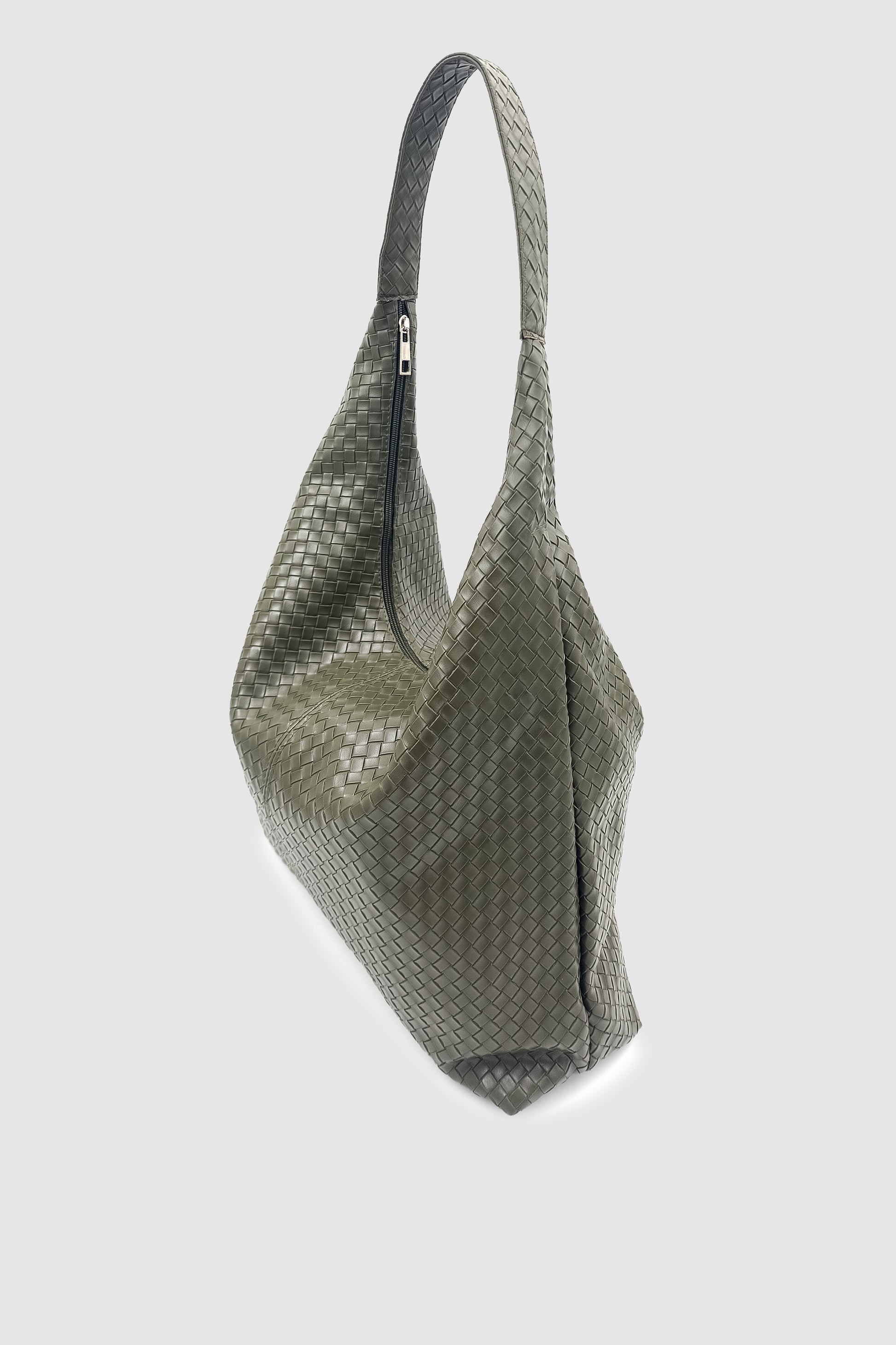 Plaro Örgü Desen Büyük Hacimli Fermuarlı Hobo Omuz Çantası Haki