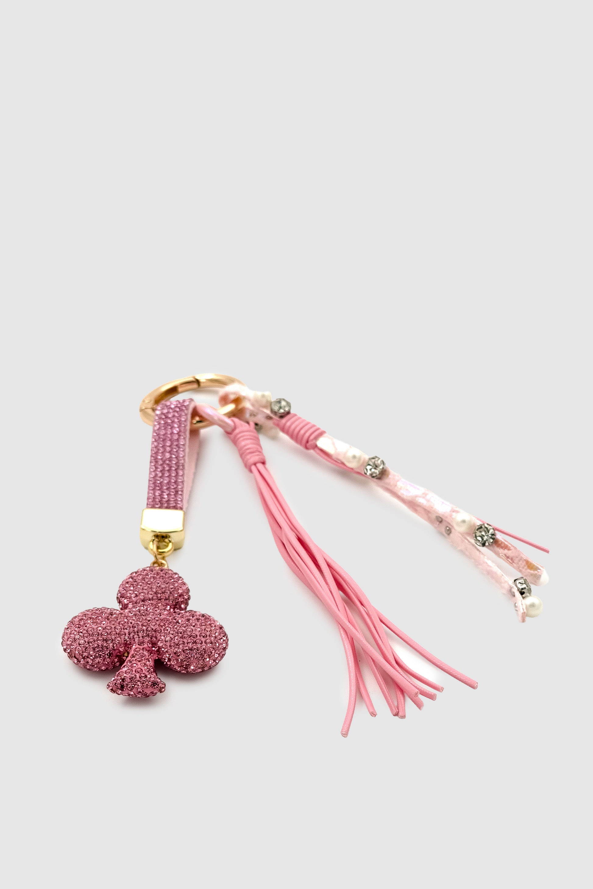 Kristal Taşlı Yonca & Püsküllü Çanta Charmı Pembe