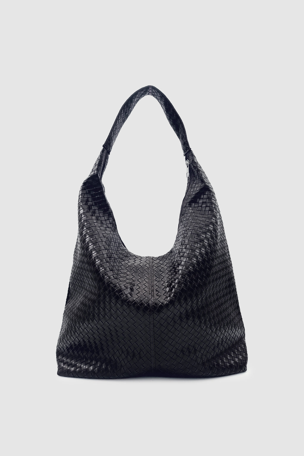 Plaro Örgü Desen Büyük Hacimli Fermuarlı Hobo Omuz Çantası Siyah