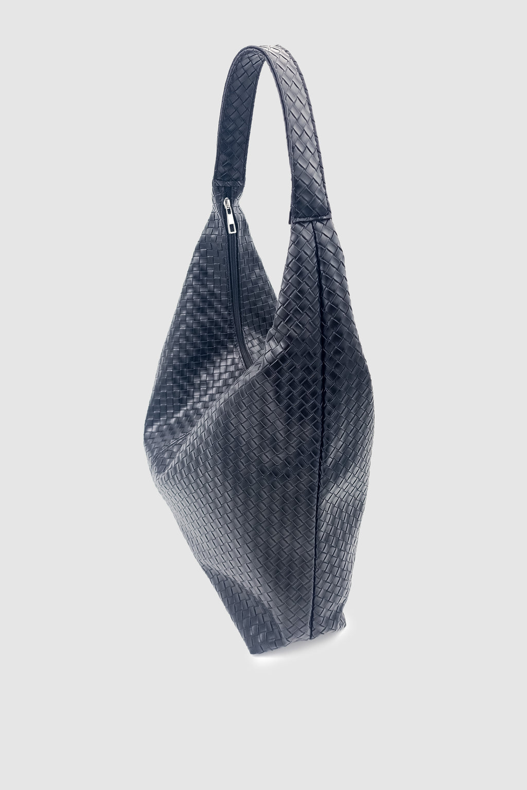 Plaro Örgü Desen Büyük Hacimli Fermuarlı Hobo Omuz Çantası Siyah