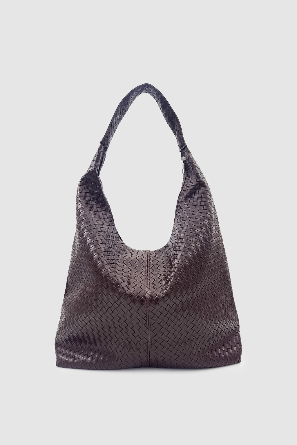 Plaro Örgü Desen Büyük Hacimli Fermuarlı Hobo Omuz Çantası Acı Kahve