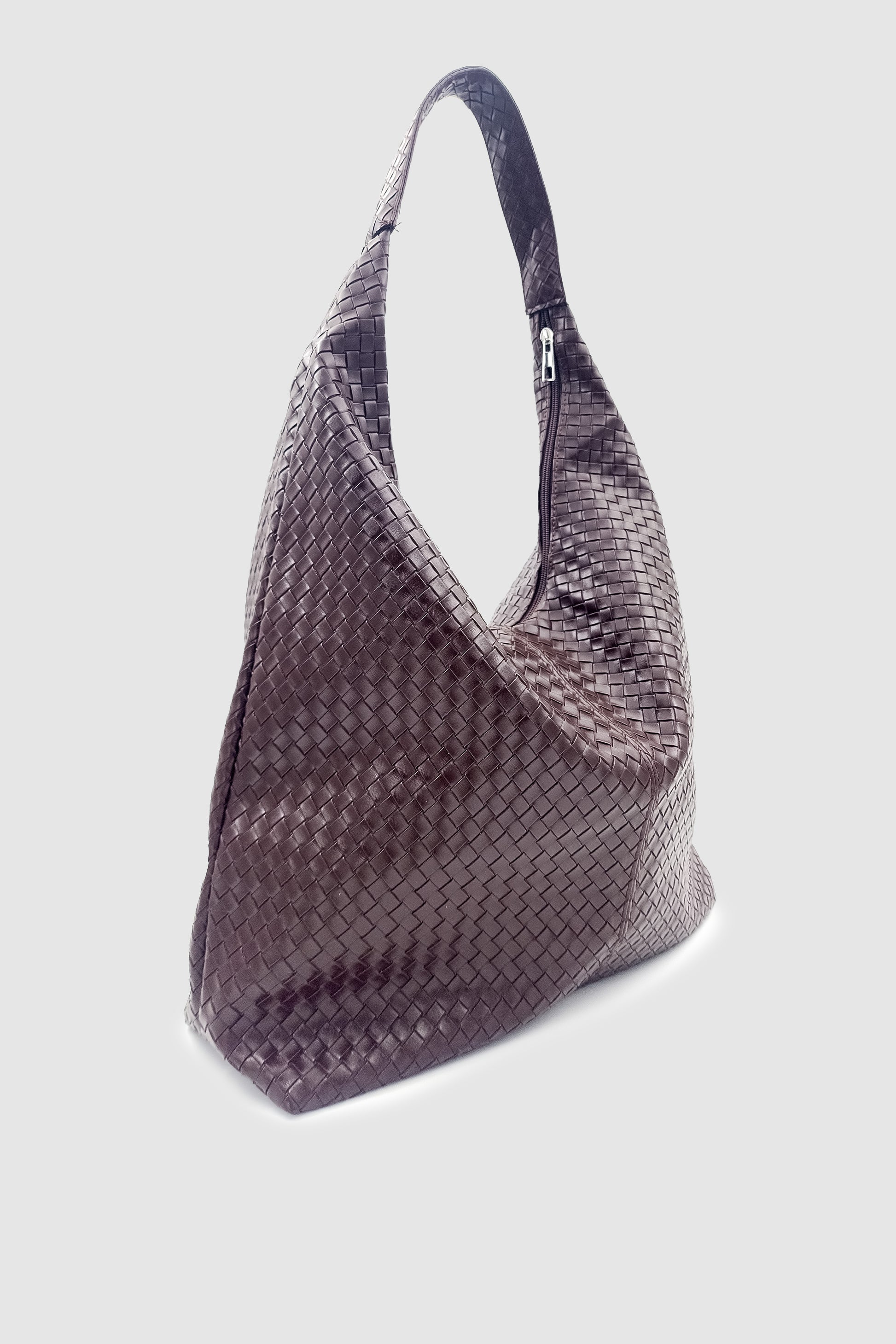 Plaro Örgü Desen Büyük Hacimli Fermuarlı Hobo Omuz Çantası Acı Kahve