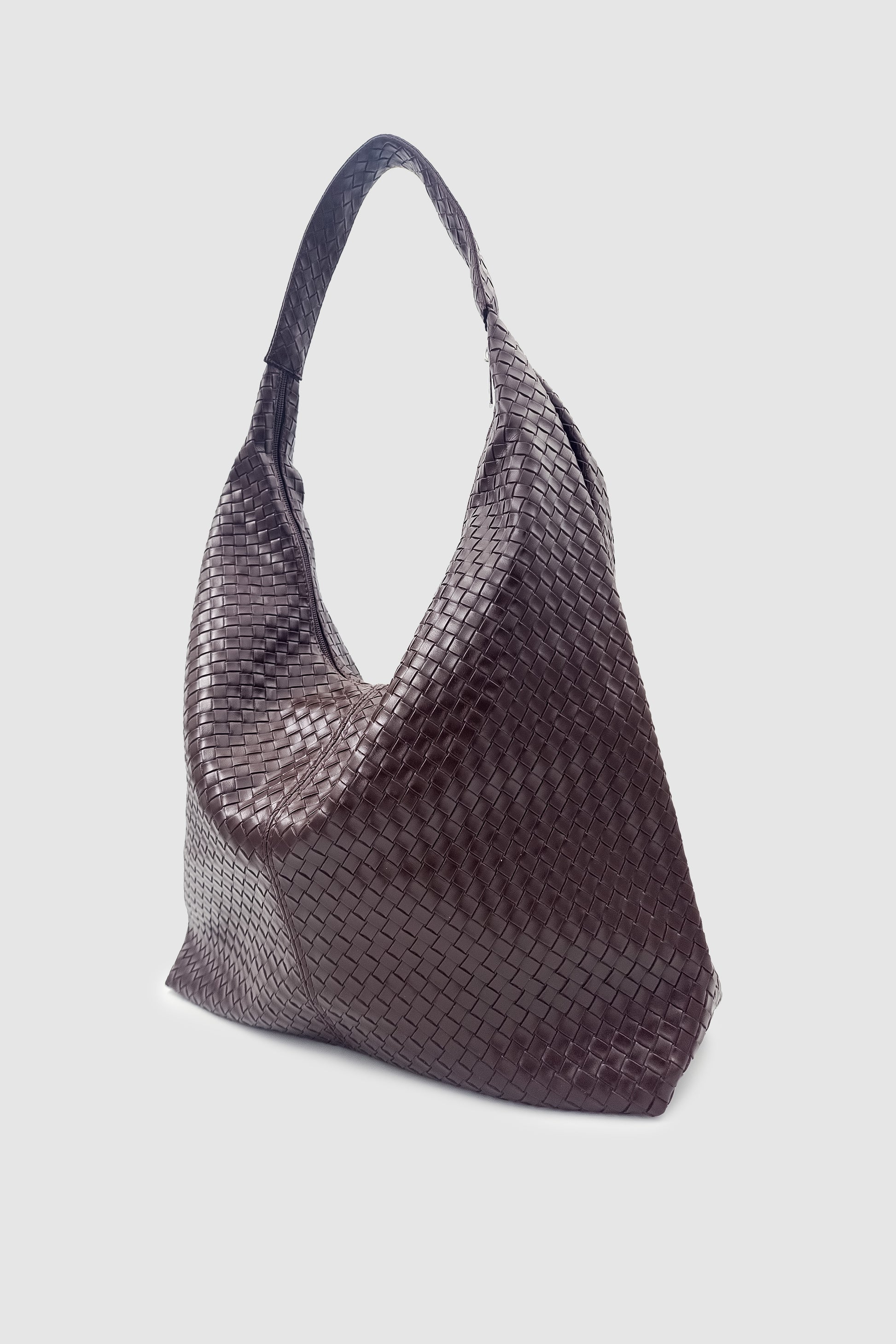 Plaro Örgü Desen Büyük Hacimli Fermuarlı Hobo Omuz Çantası Acı Kahve