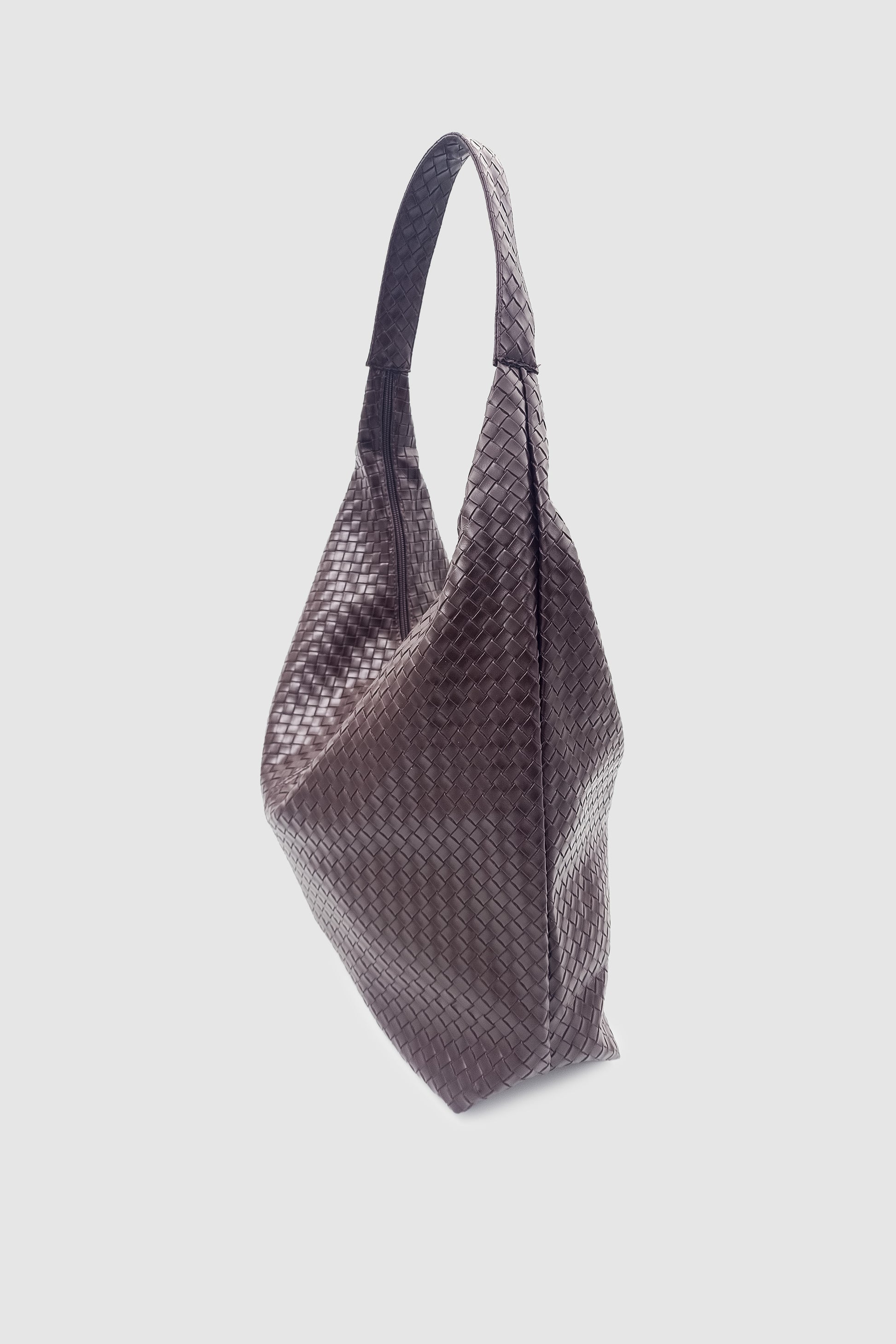 Plaro Örgü Desen Büyük Hacimli Fermuarlı Hobo Omuz Çantası Acı Kahve