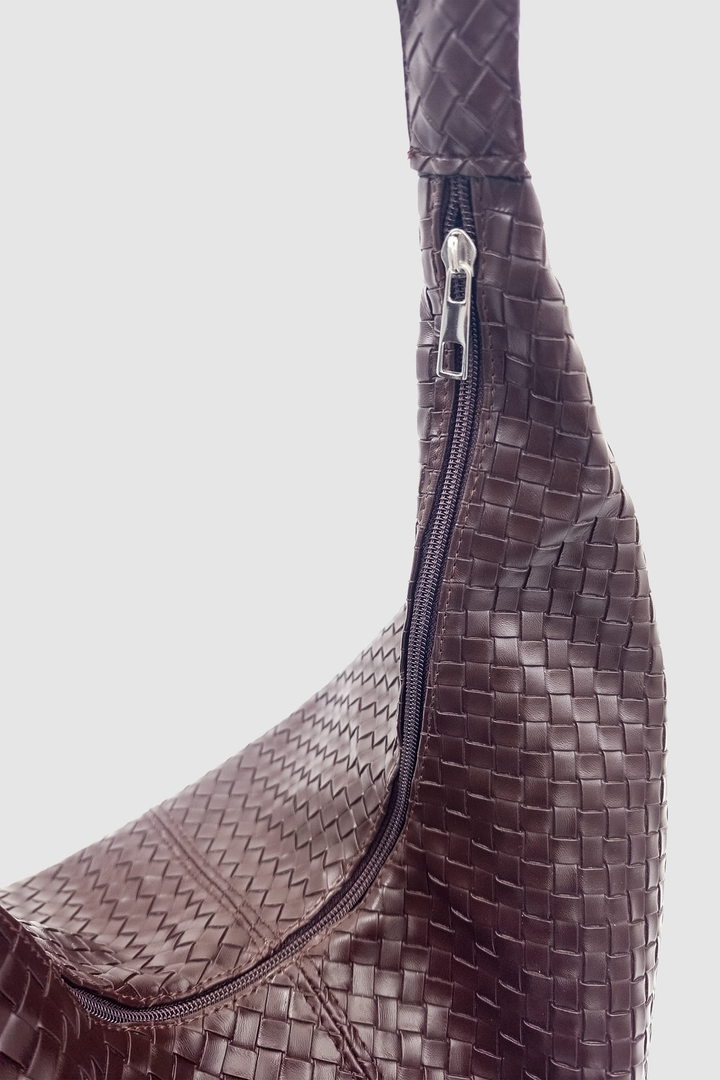 Plaro Örgü Desen Büyük Hacimli Fermuarlı Hobo Omuz Çantası Acı Kahve