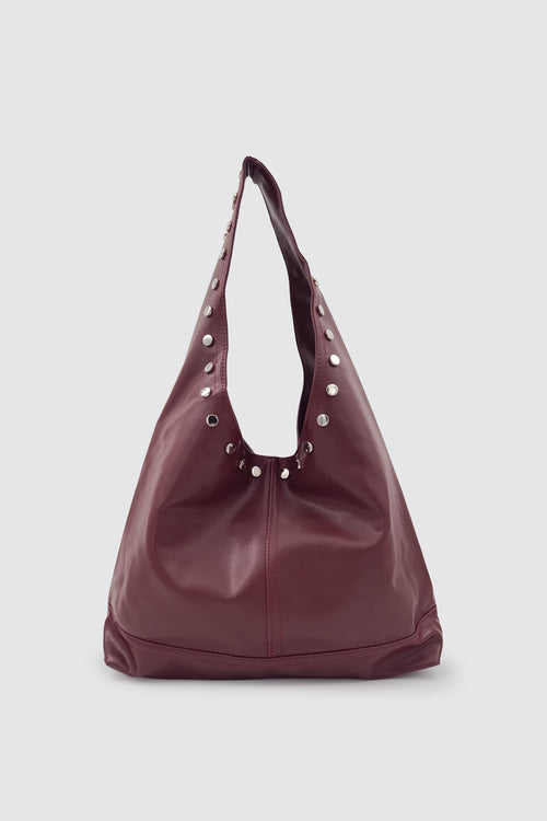Stula Büyük Hacimli Mıknatıslı Zımba Detaylı Hobo Omuz Çantası Bordo