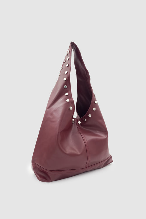 Stula Büyük Hacimli Mıknatıslı Zımba Detaylı Hobo Omuz Çantası Bordo