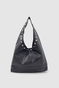 Stula Büyük Hacimli Mıknatıslı Zımba Detaylı Hobo Omuz Çantası Siyah
