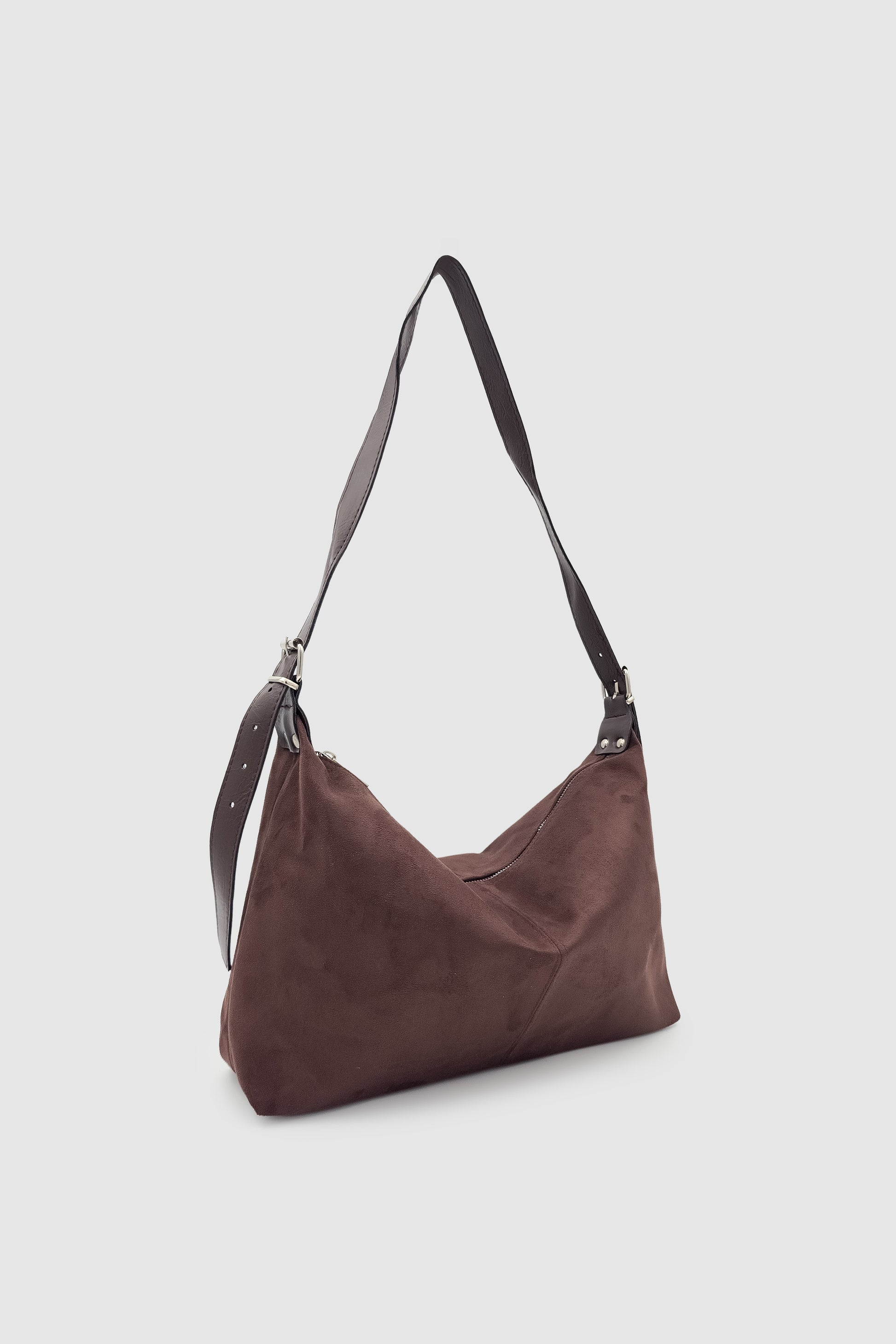 Suroa Ayarlanabilir Askılı Yumuşak Formlu Süet Hobo Kadın El, Kol ve Omuz Çantası Acı Kahve