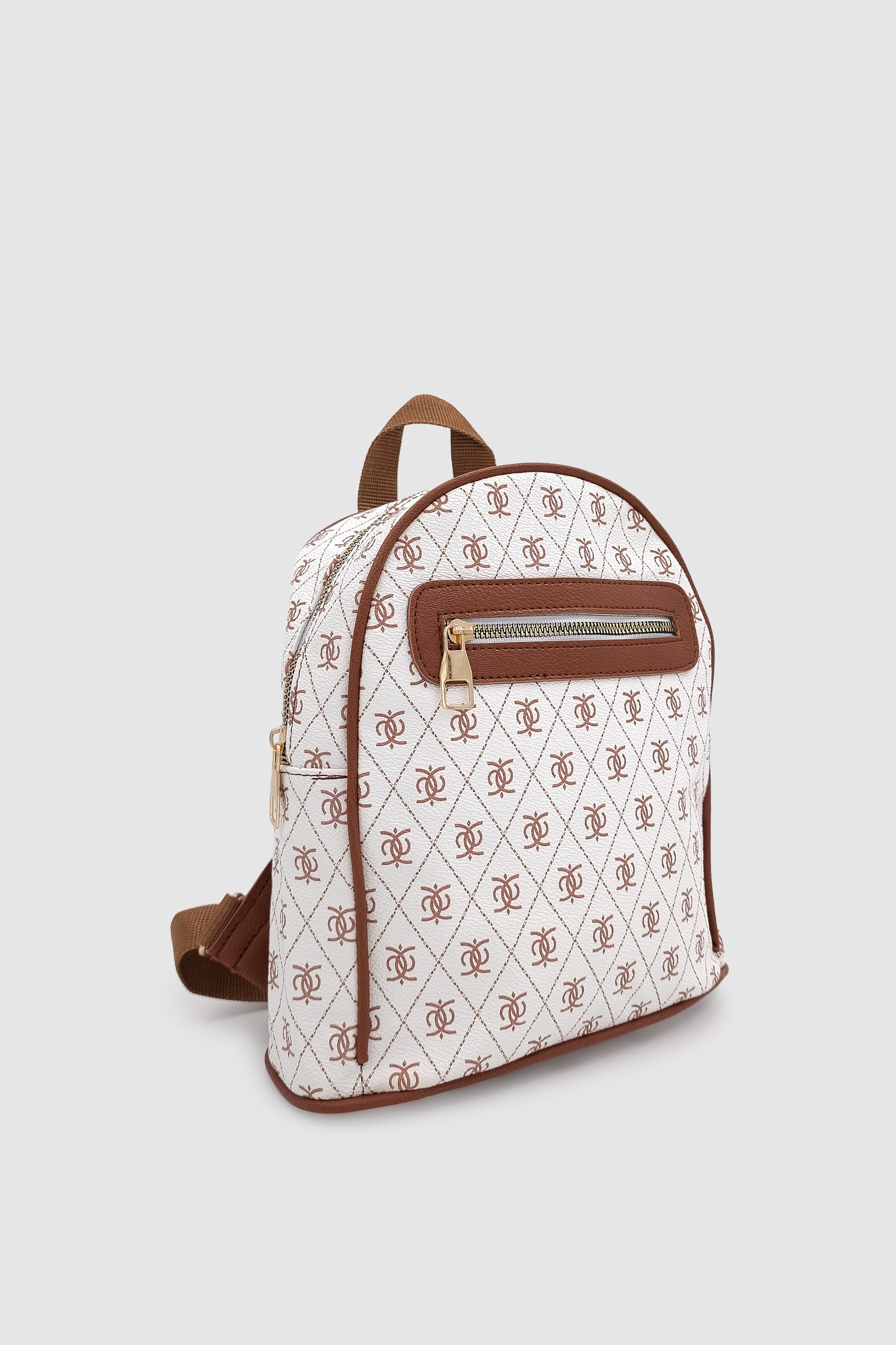 Synor Fermuarlı Dış Bölmeli Monogram Mini Sırt Çantası Beyaz