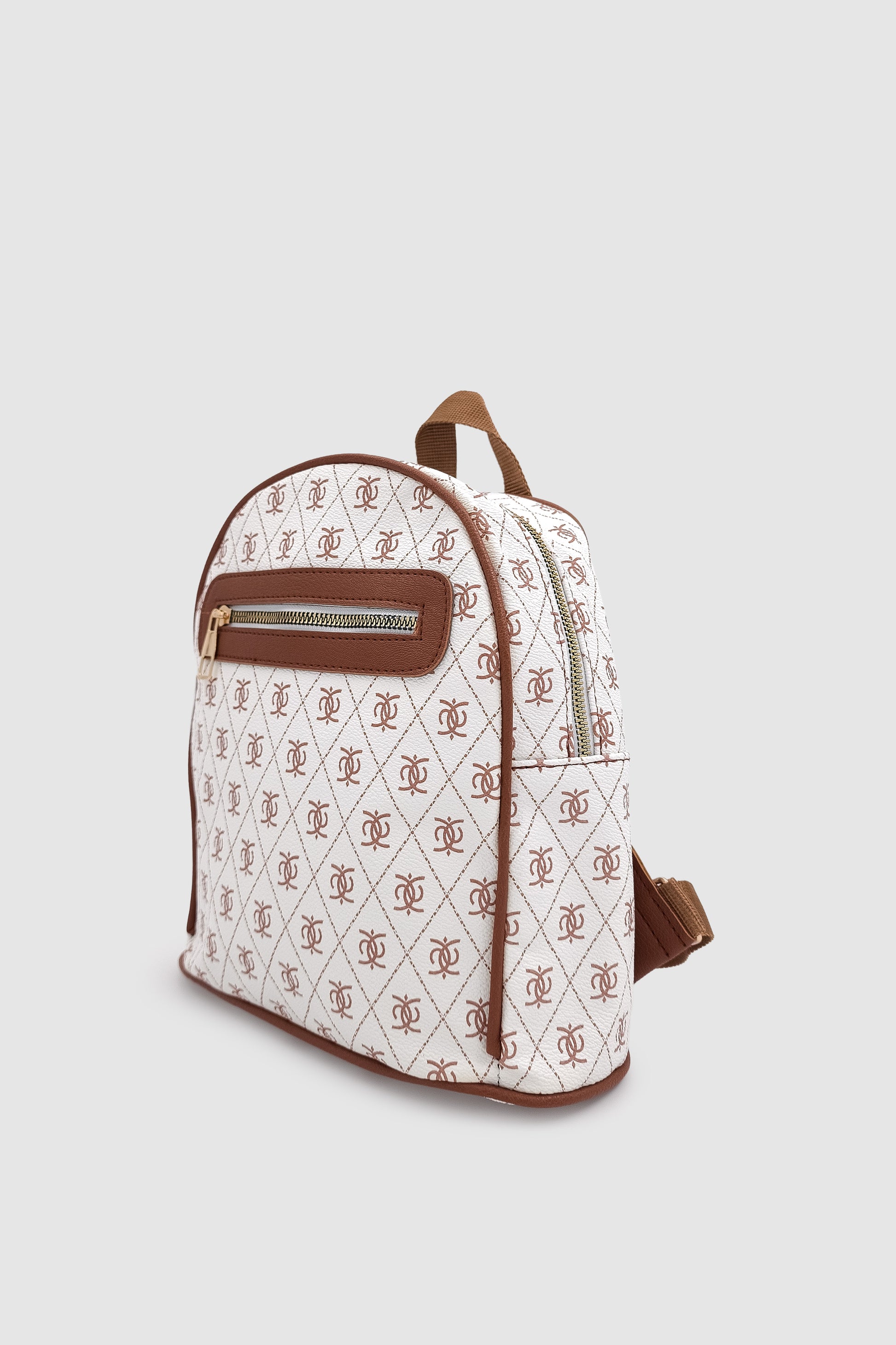 Synor Fermuarlı Dış Bölmeli Monogram Mini Sırt Çantası Beyaz