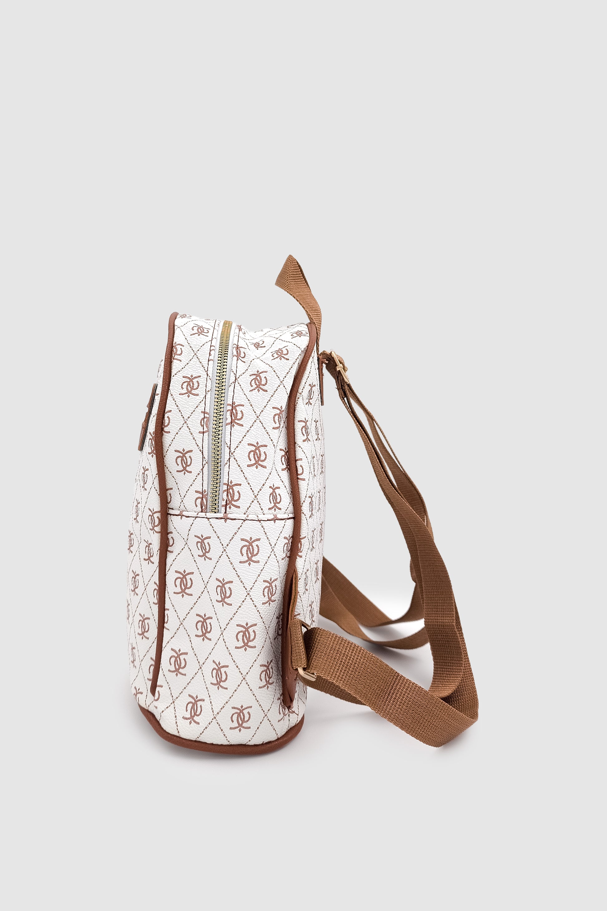 Synor Fermuarlı Dış Bölmeli Monogram Mini Sırt Çantası Beyaz