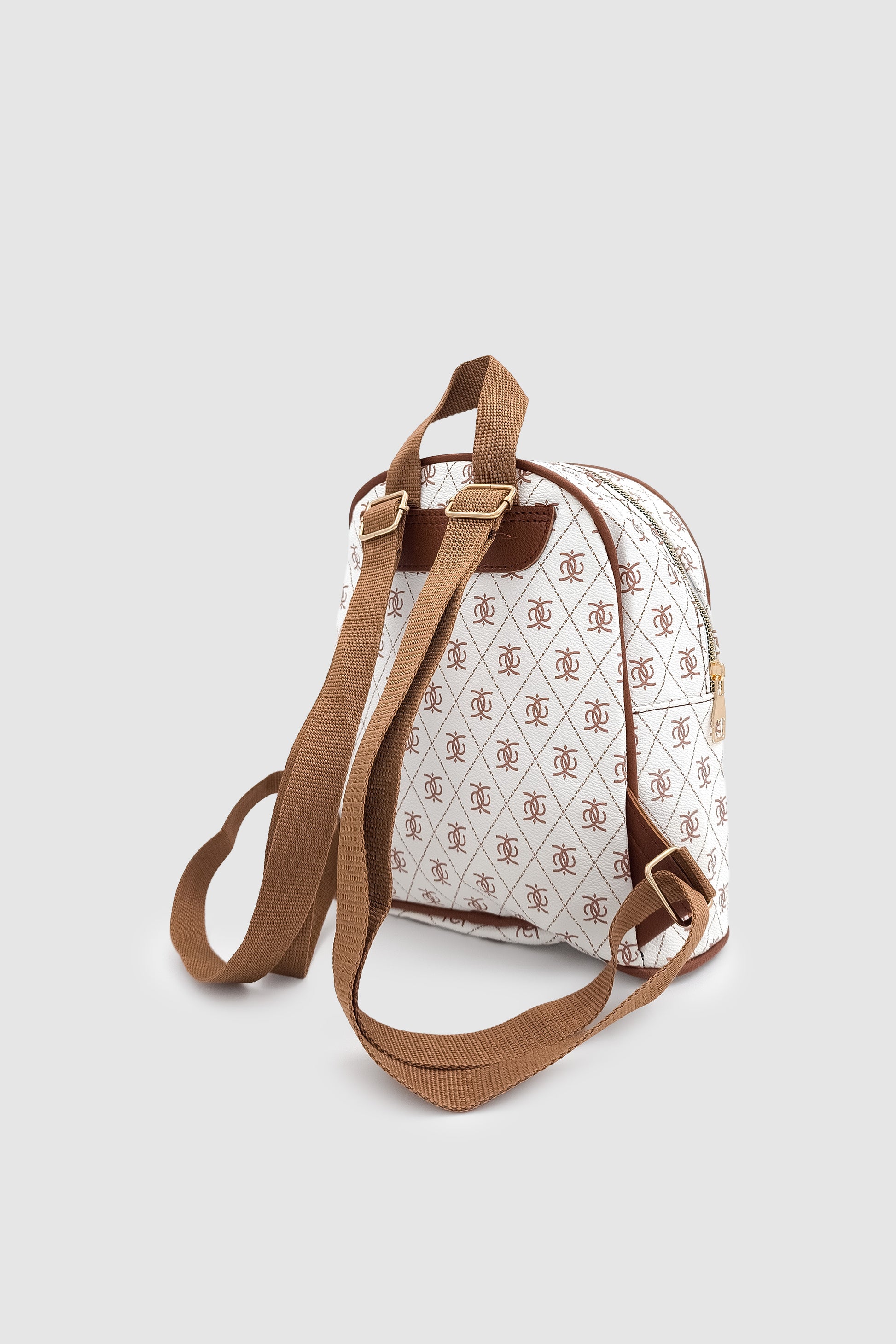Synor Fermuarlı Dış Bölmeli Monogram Mini Sırt Çantası Beyaz