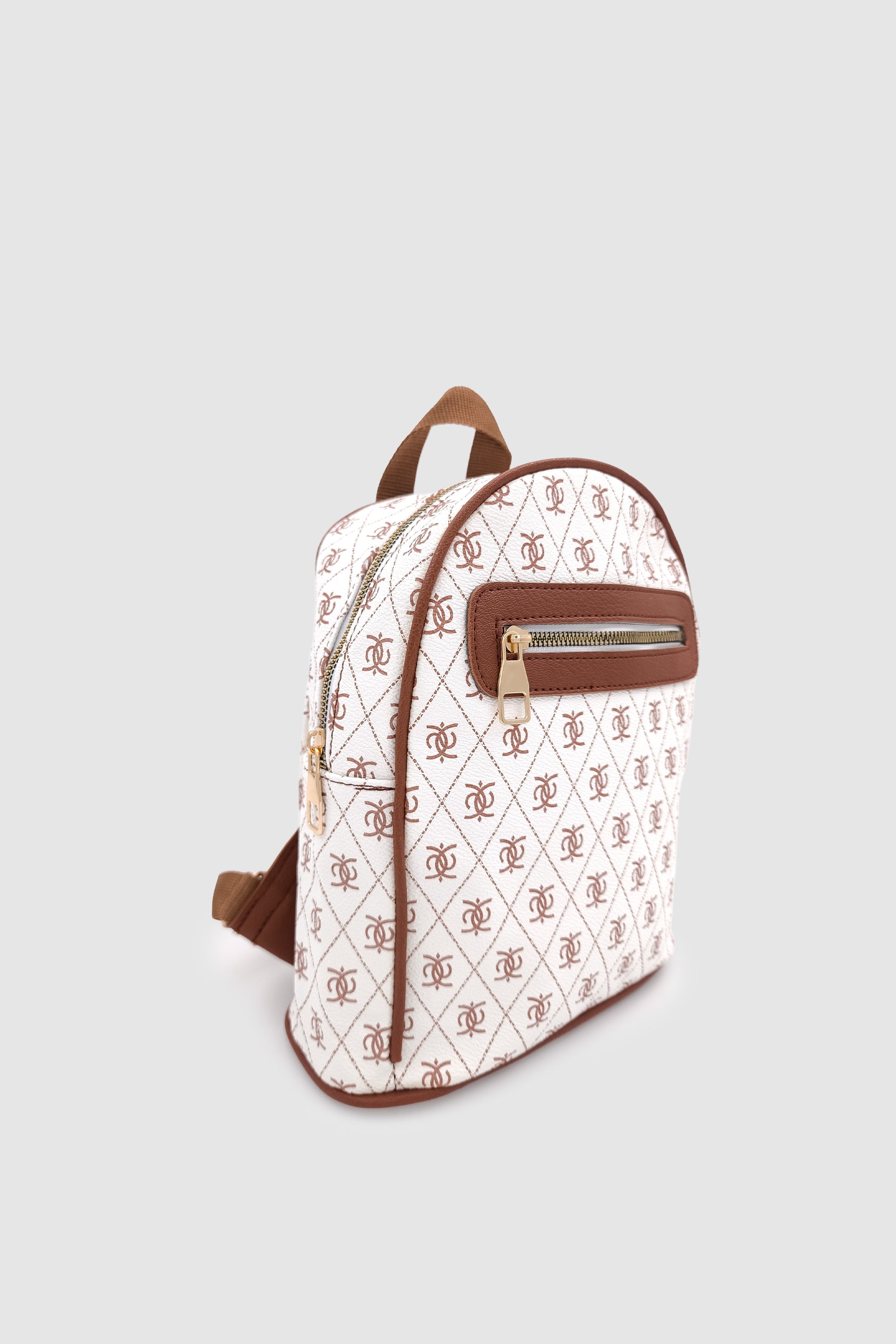 Synor Fermuarlı Dış Bölmeli Monogram Mini Sırt Çantası Beyaz