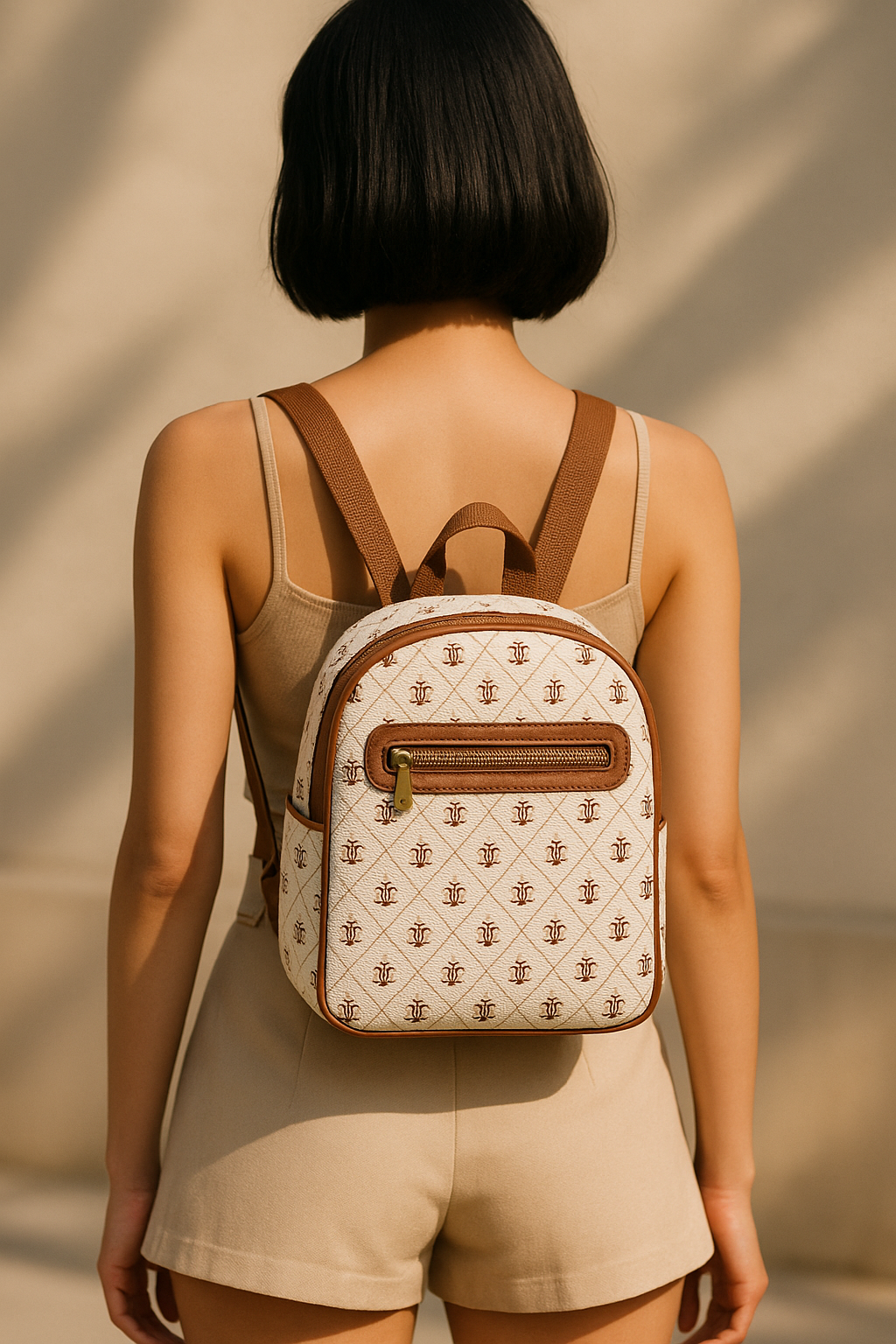 Synor Fermuarlı Dış Bölmeli Monogram Mini Sırt Çantası Vizon
