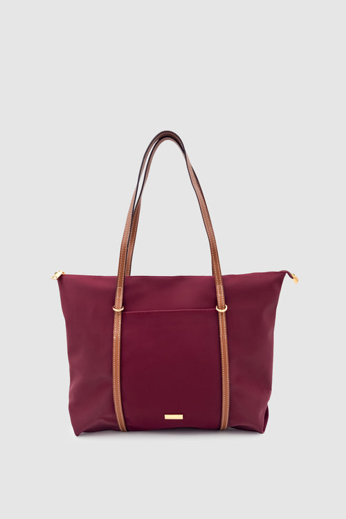 Velie Paraşüt Kumaş Şeritli Shopper Çanta Bordo-Taba