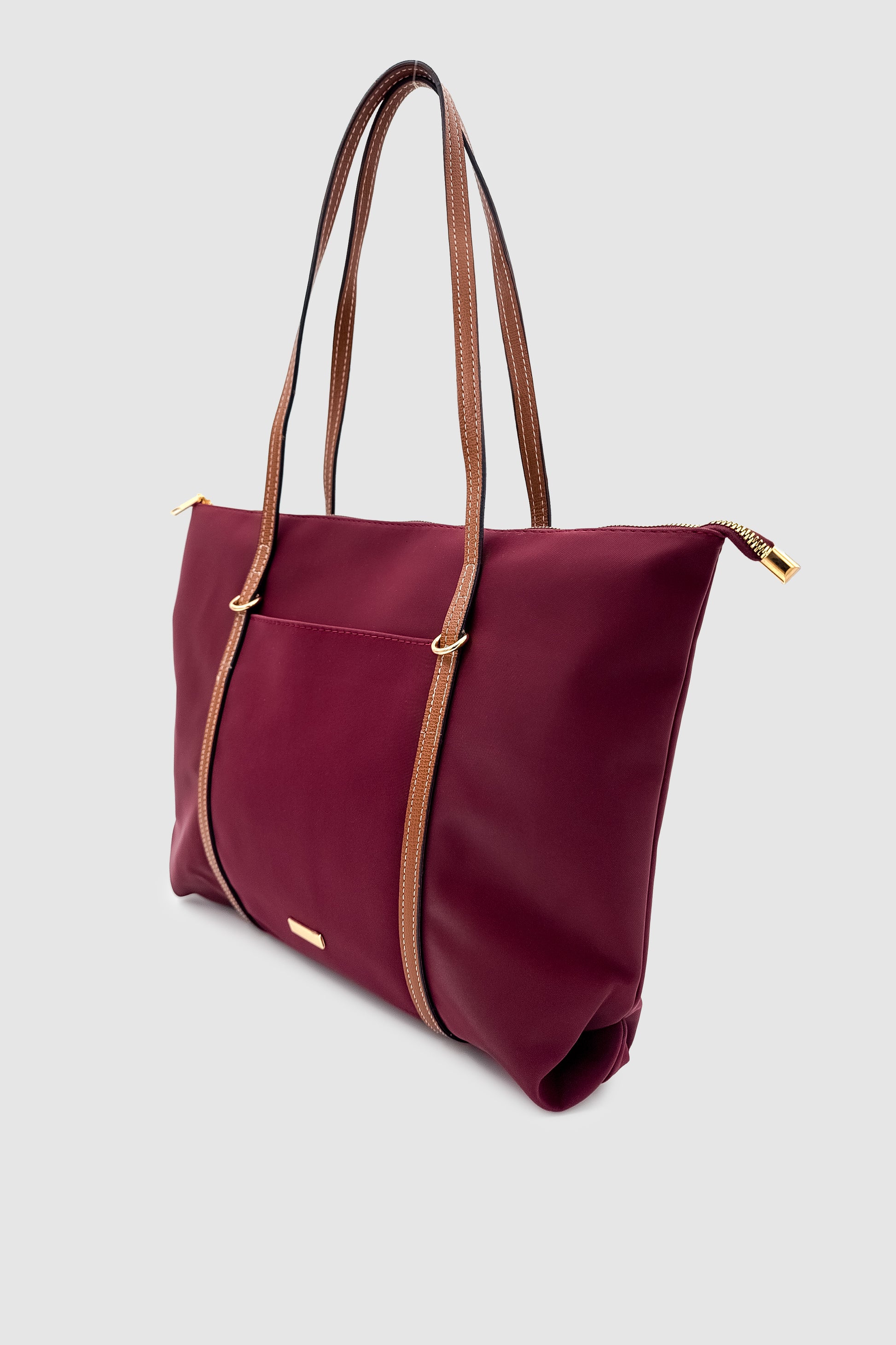 Velie Paraşüt Kumaş Şeritli Shopper Çanta Bordo-Taba