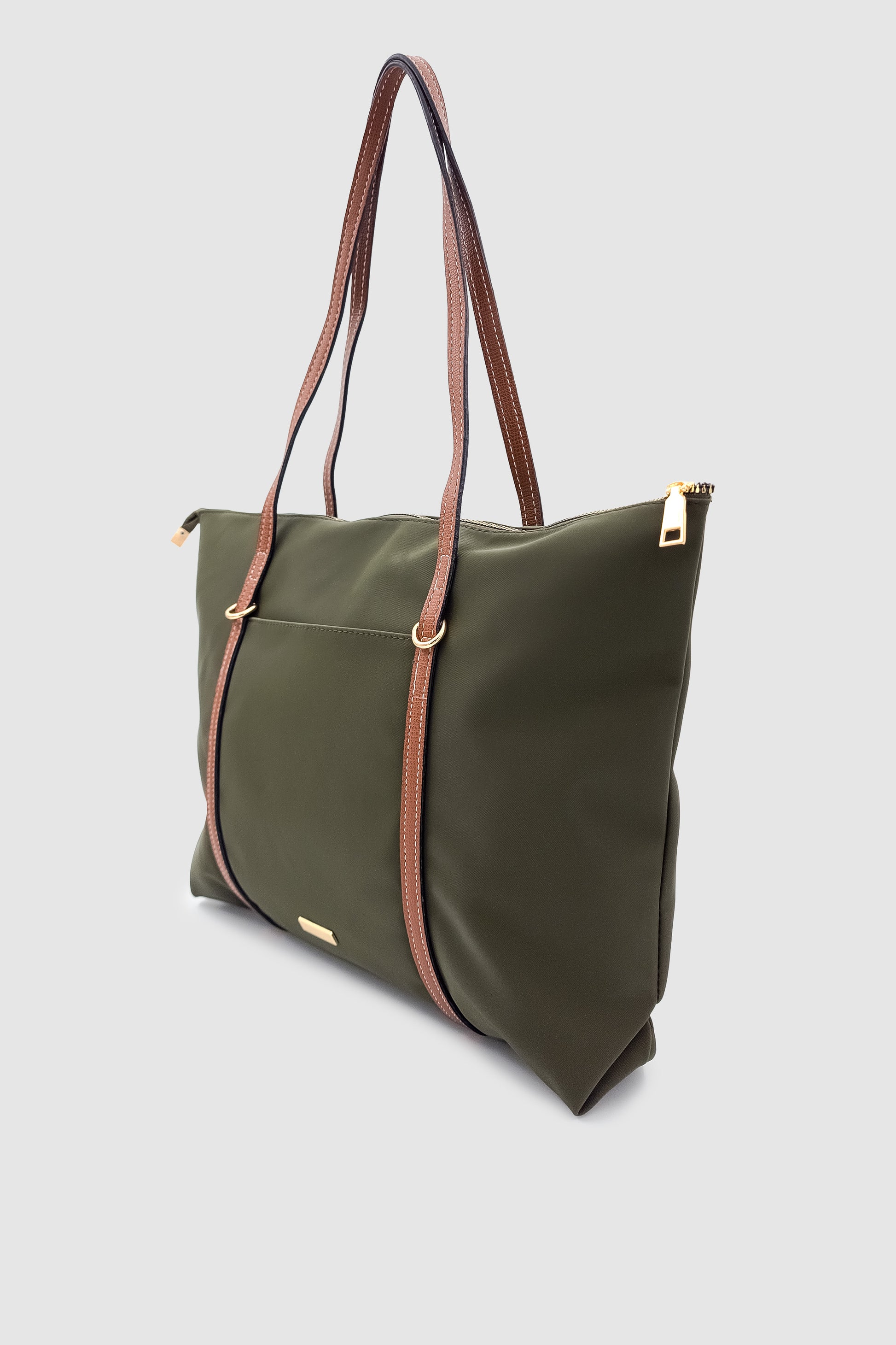 Velie Paraşüt Kumaş Şeritli Shopper Çanta Haki-Taba