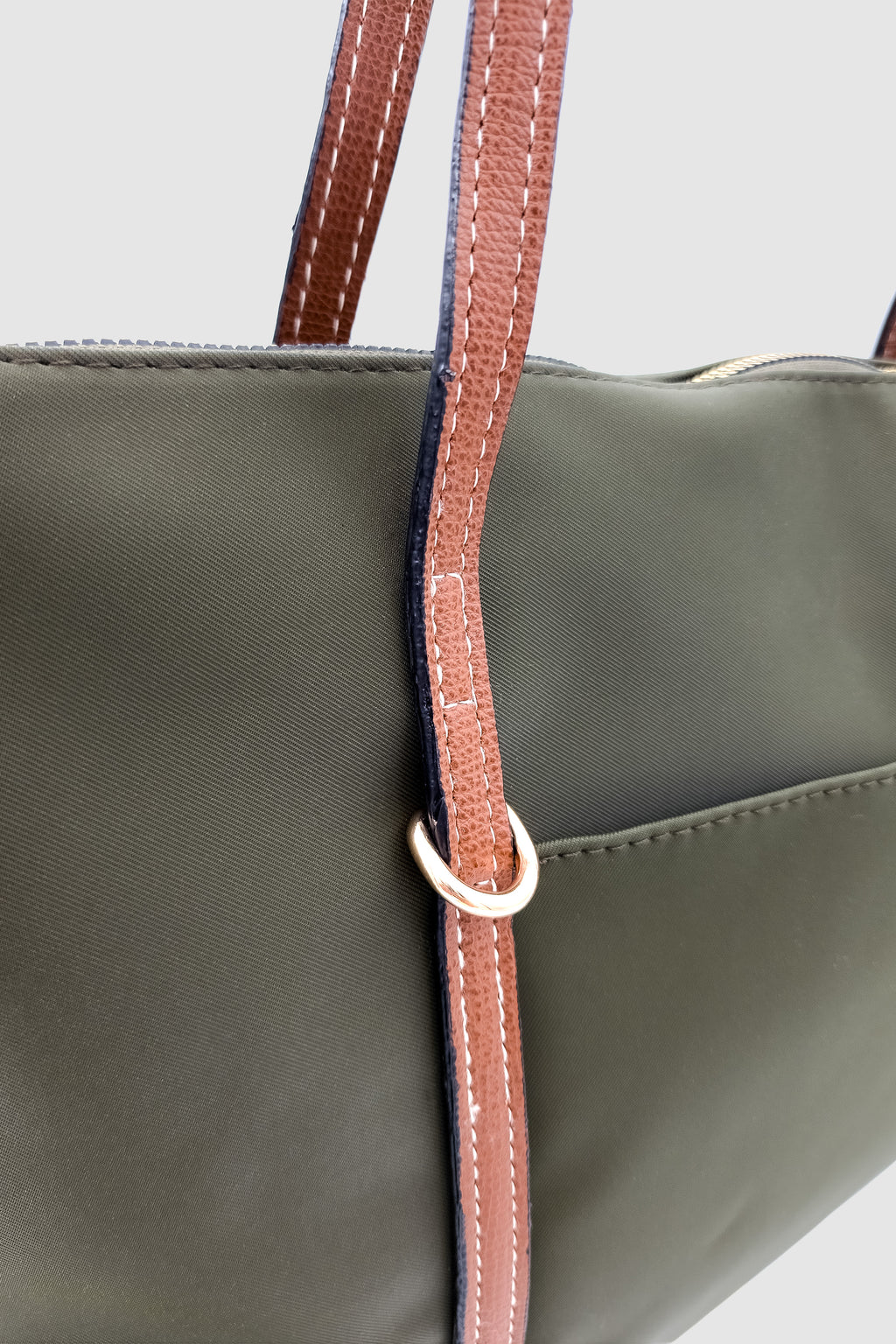 Velie Paraşüt Kumaş Şeritli Shopper Çanta Haki-Taba
