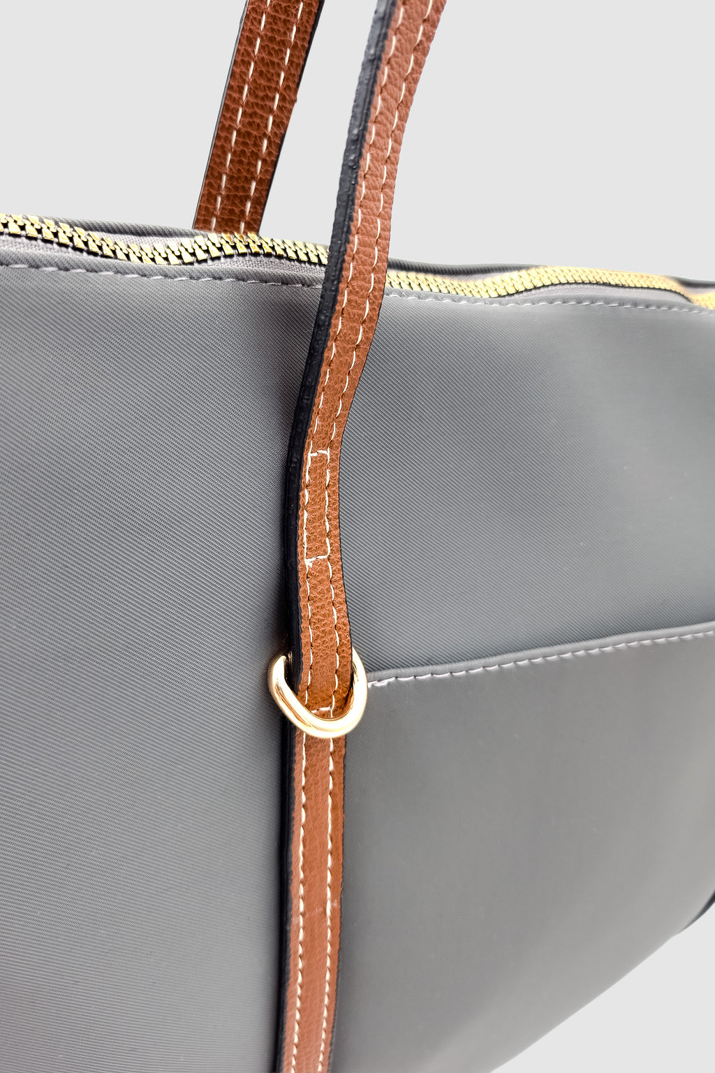 Velie Paraşüt Kumaş Şeritli Shopper Çanta Gri-Taba
