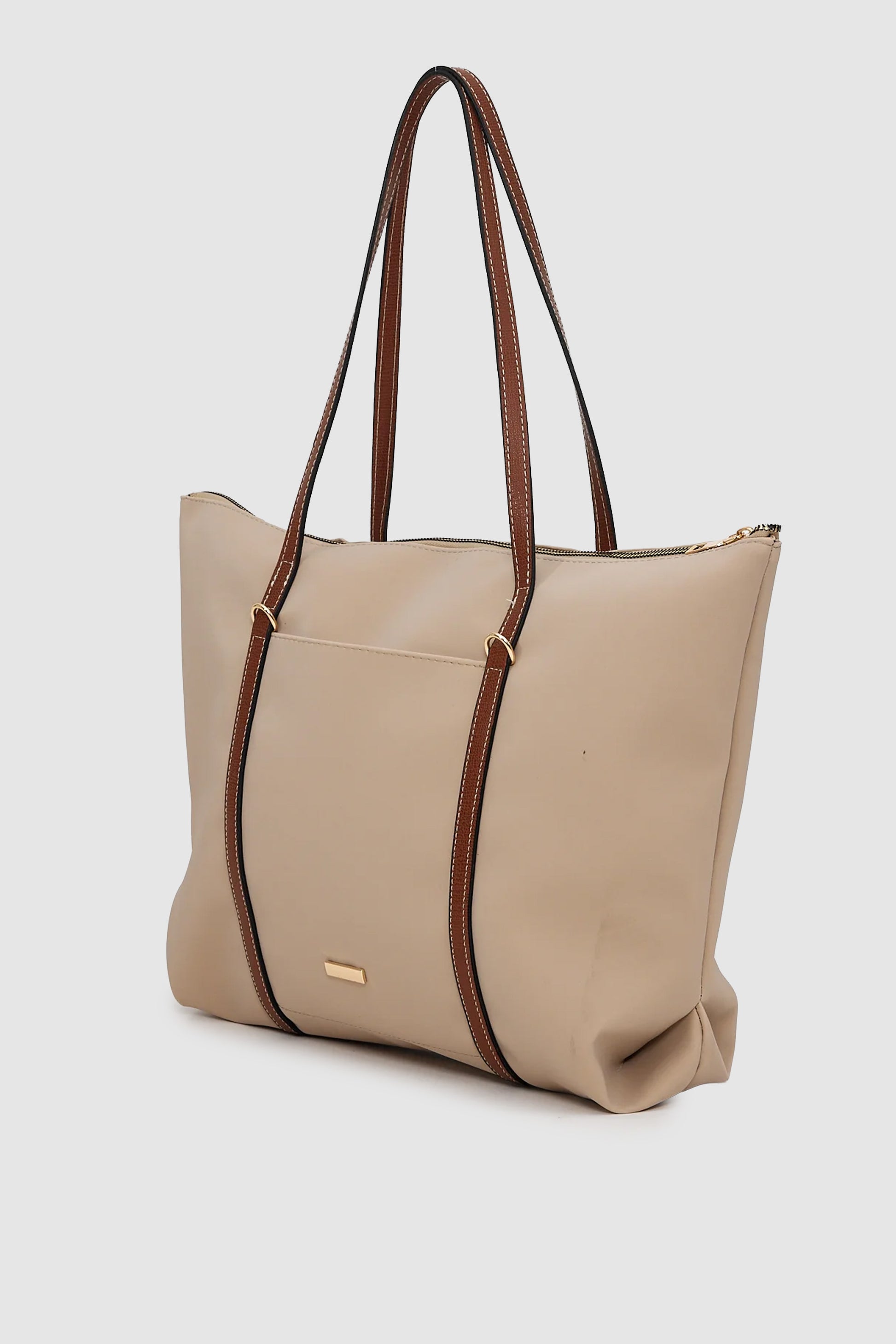 Velie Paraşüt Kumaş Şeritli Shopper Çanta Vizon-Taba