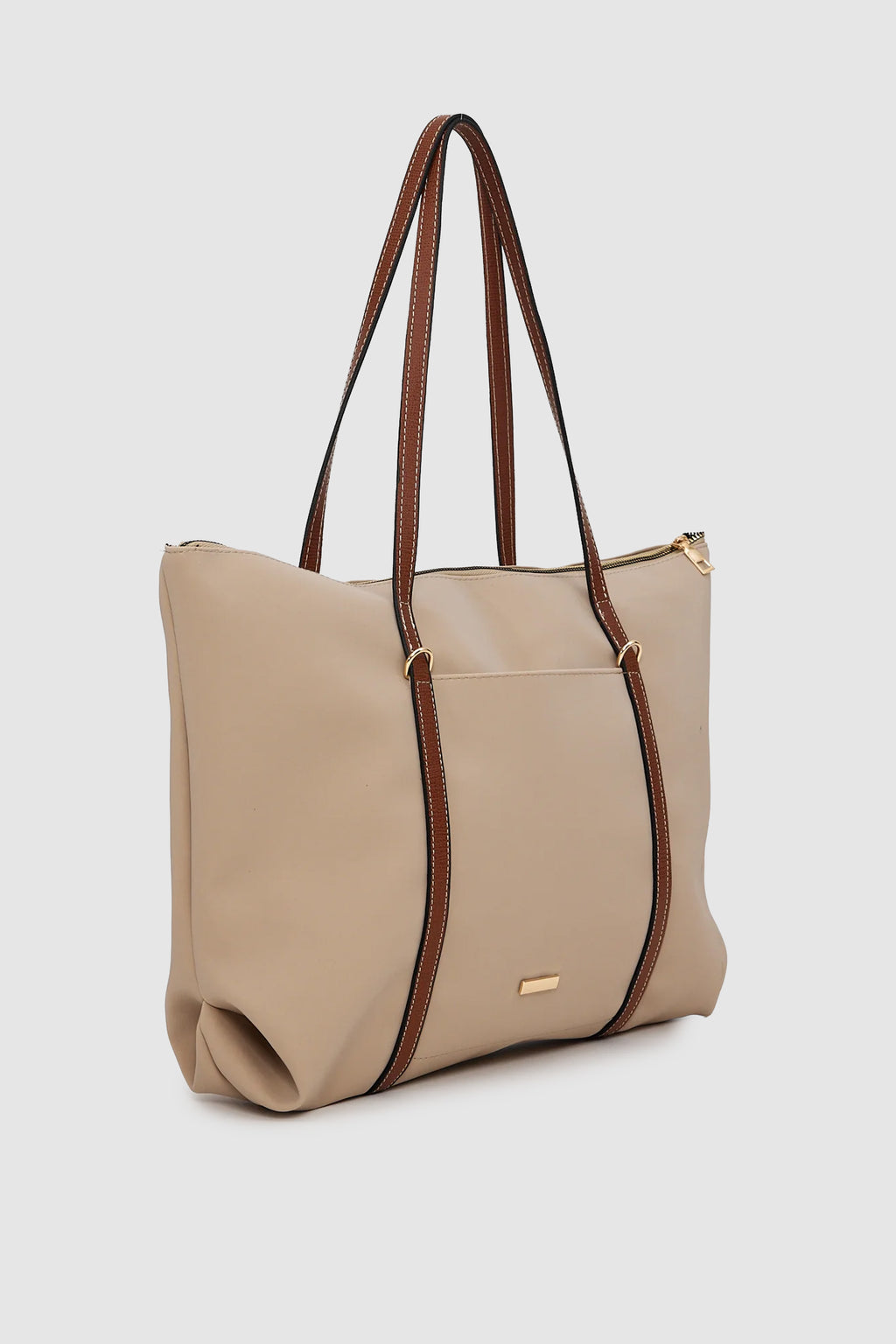 Velie Paraşüt Kumaş Şeritli Shopper Çanta Vizon-Taba