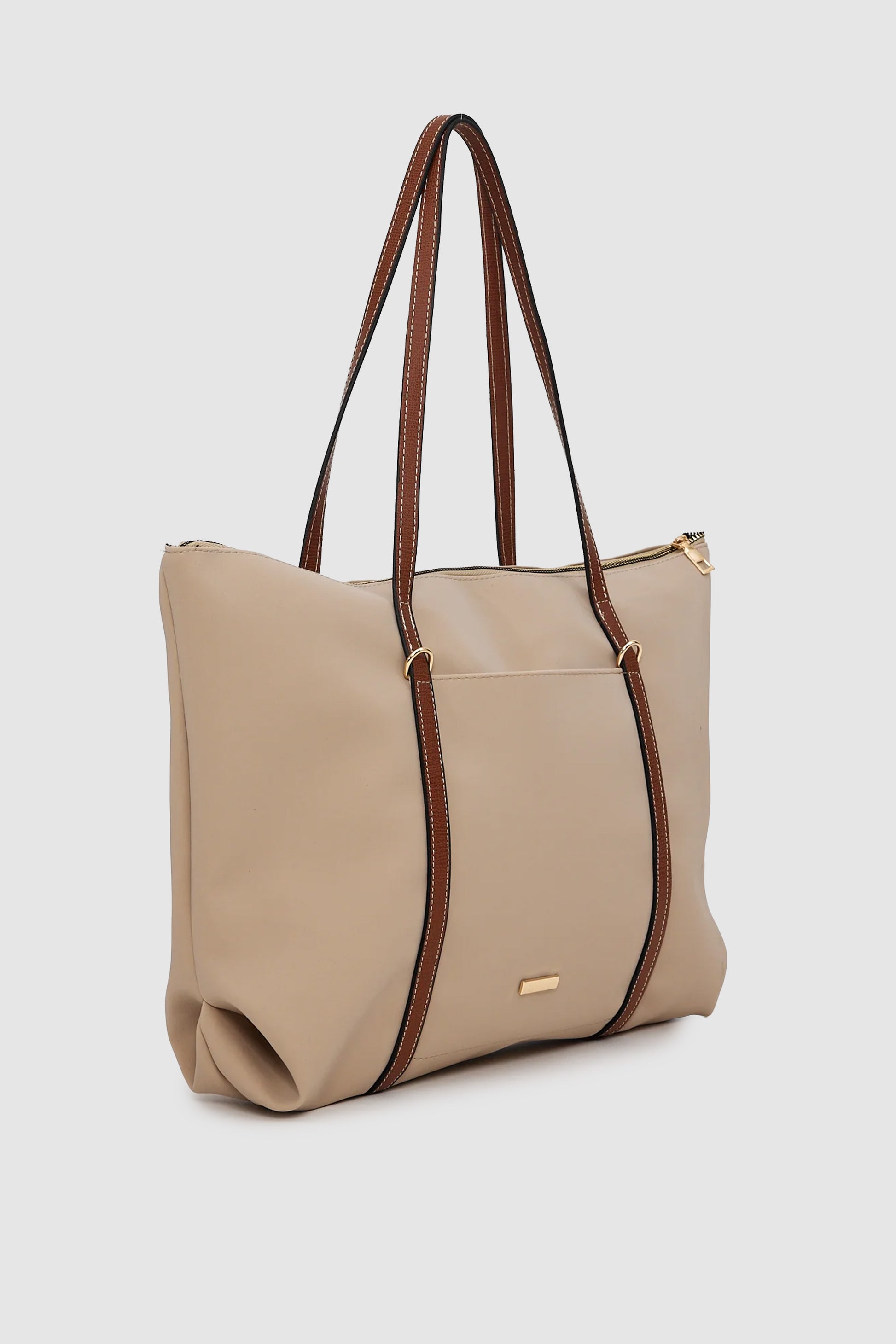 Velie Paraşüt Kumaş Şeritli Shopper Çanta Vizon-Taba