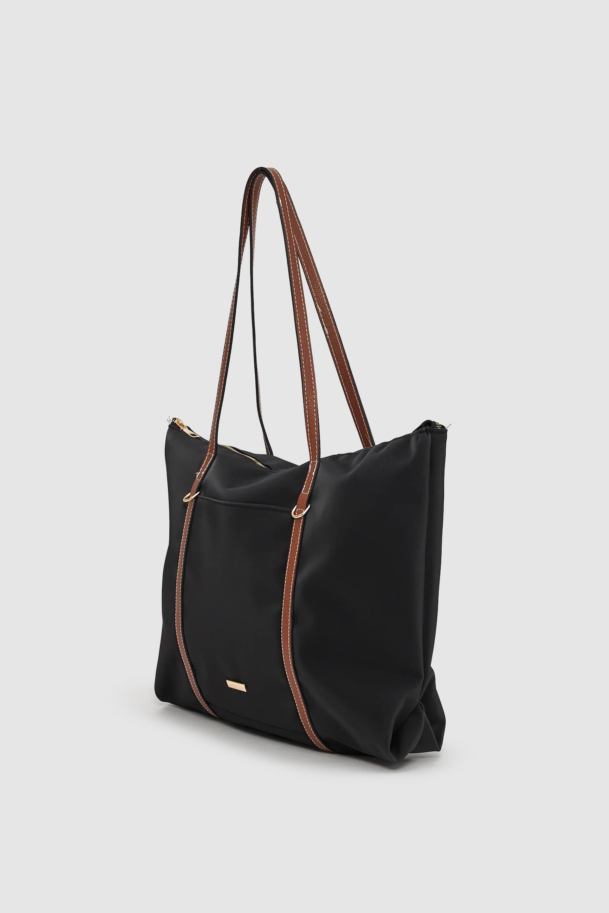 Velie Paraşüt Kumaş Şeritli Shopper Çanta Siyah-Taba