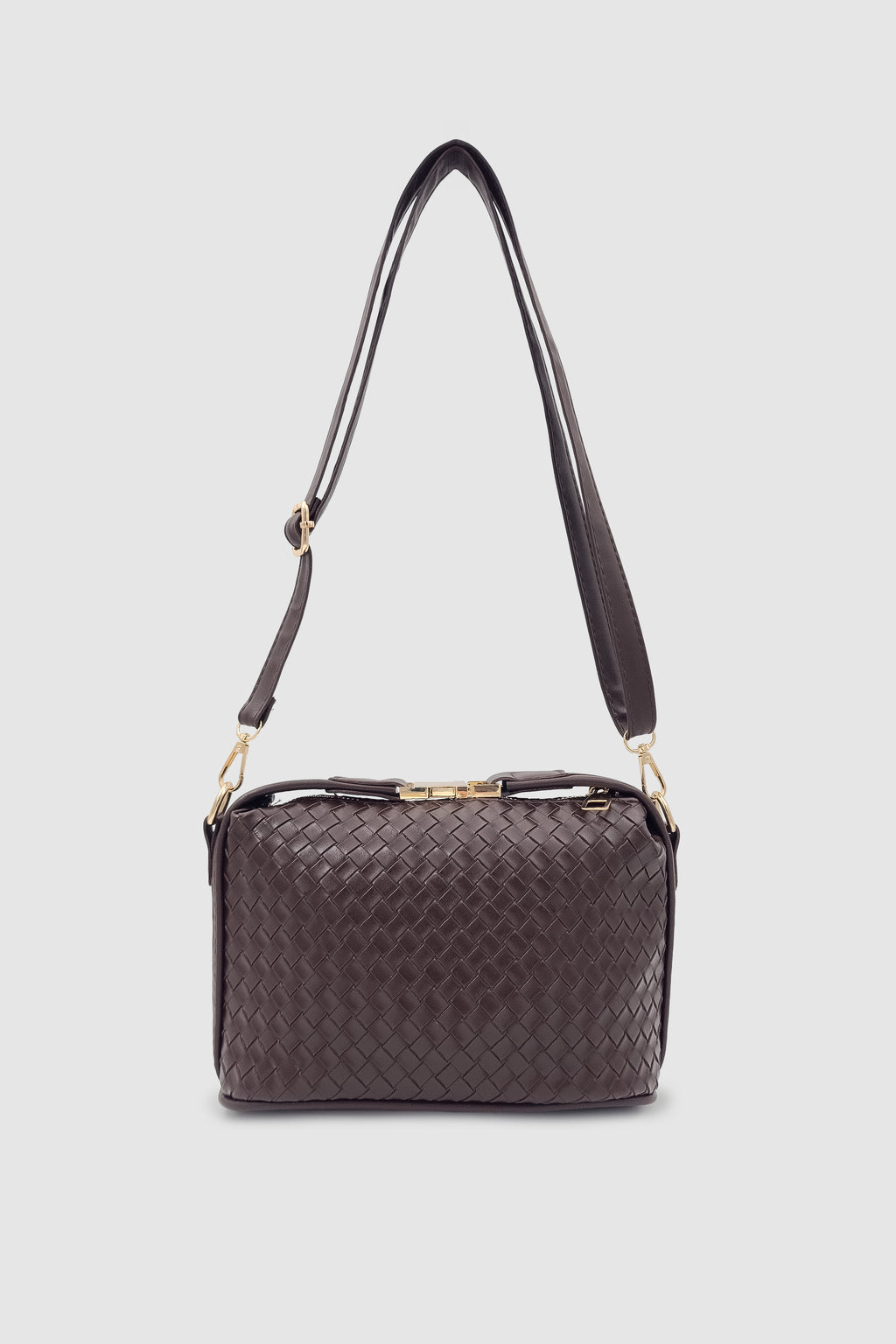 Zyren Toka ve Fermuar Kapamalı Örgü Desenli Çapraz Askılı El Çantası Acı Kahve