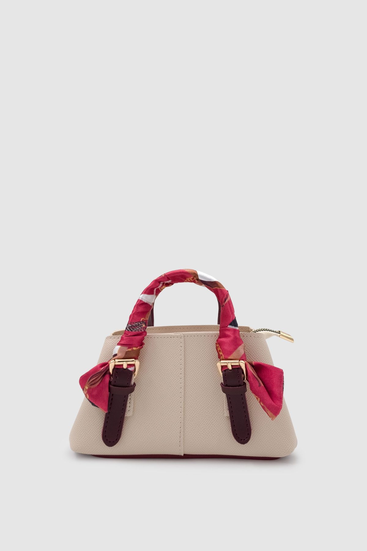 Coris Krem Bordo Fularlı Saplı ve Toka Detaylı Mini Boy Çapraz Askılı El Çantası