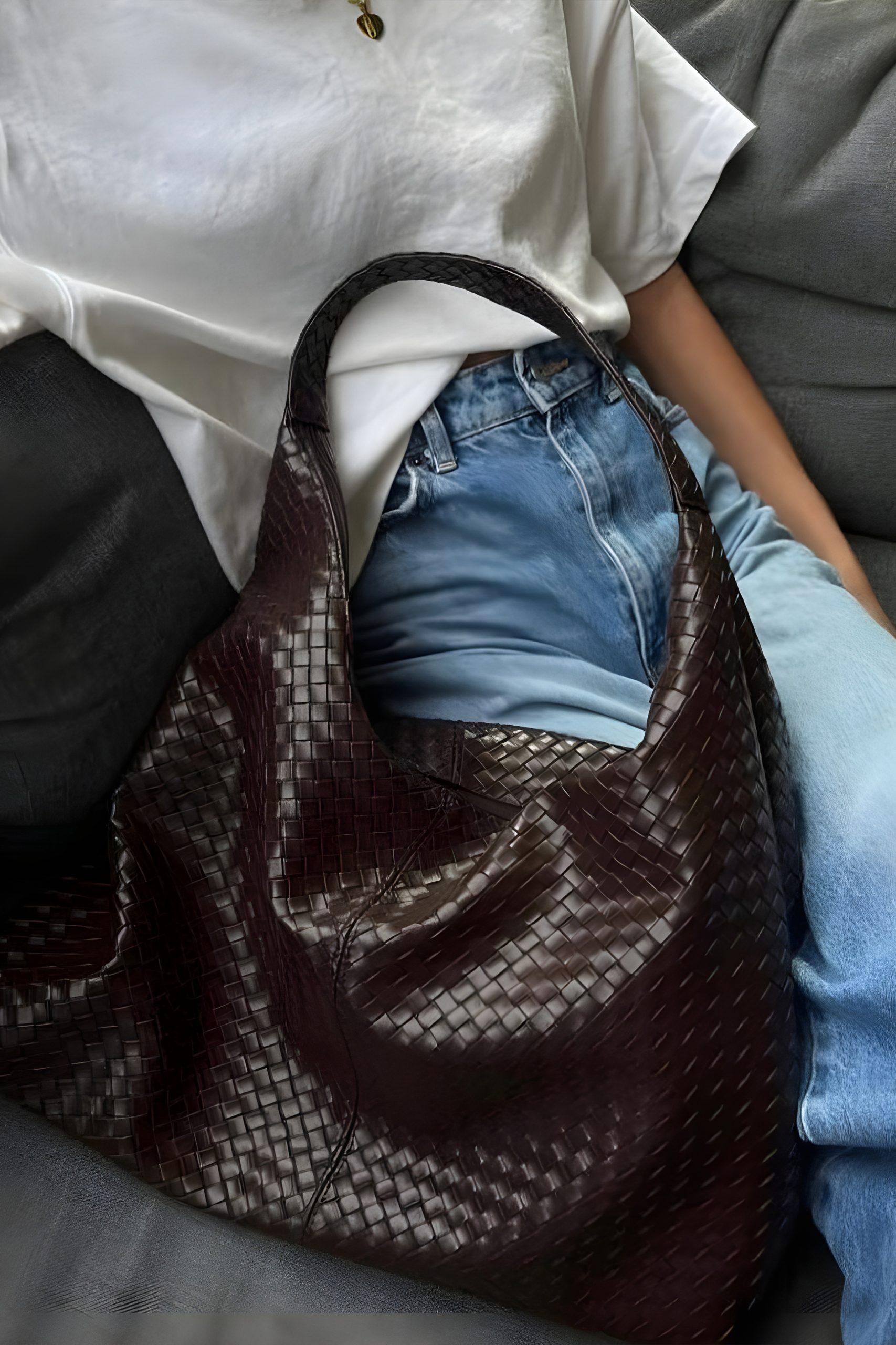 Plaro Haki Örgü Desen Büyük Hacimli Fermuarlı Hobo Omuz Çantası - Görsel 7