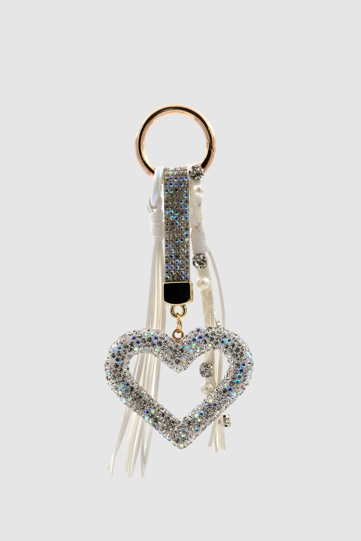 Kristal Taşlı Kalp ve Püsküllü Çanta Charmı Gümüş