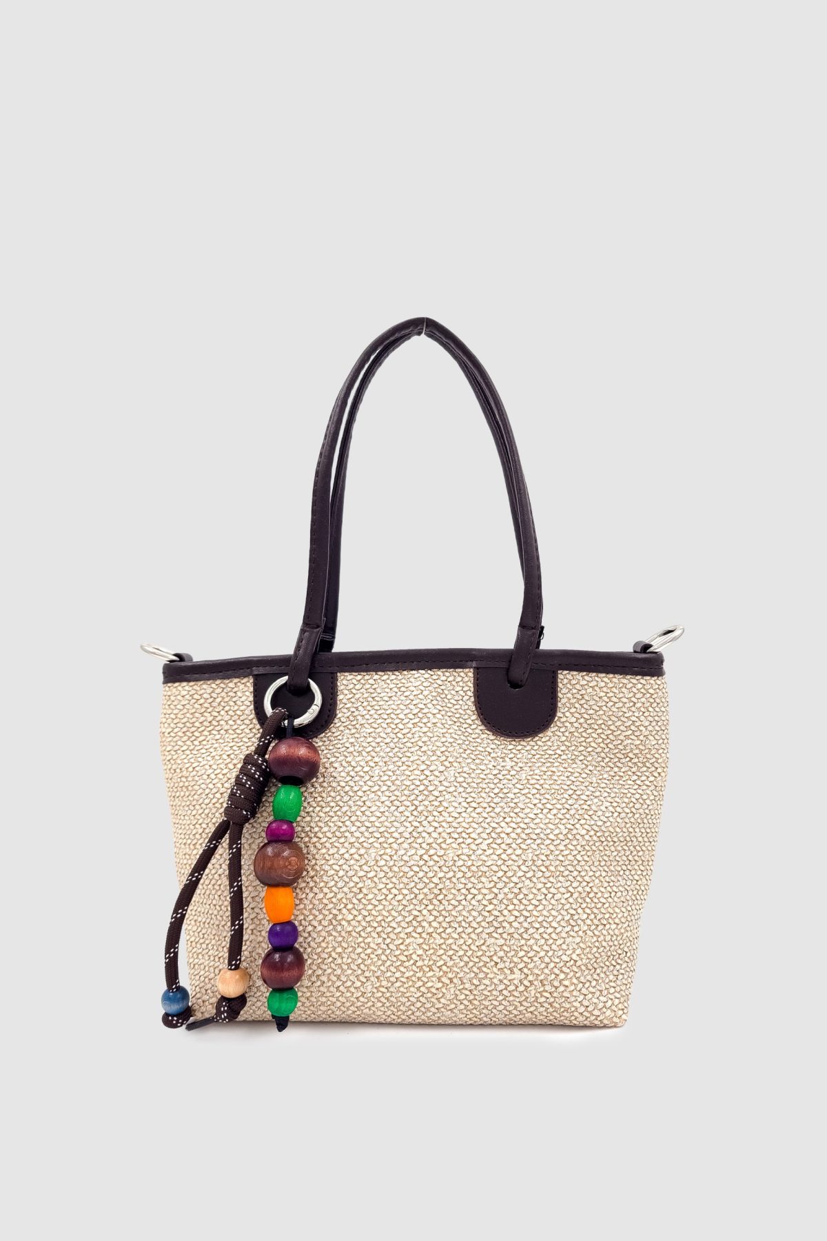 Osyna Acı Kahve Renkli Ahşap Charm Detaylı Çapraz Askılı Hasır Çanta