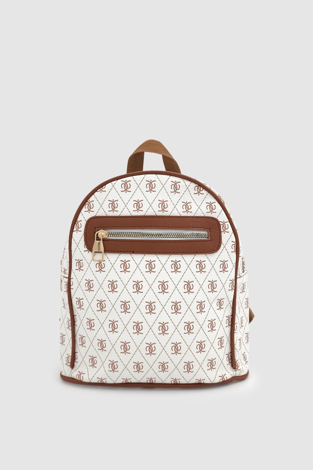 Synor Beyaz Taba Monogram Desenli Fermuarlı Mini Sırt Çantası