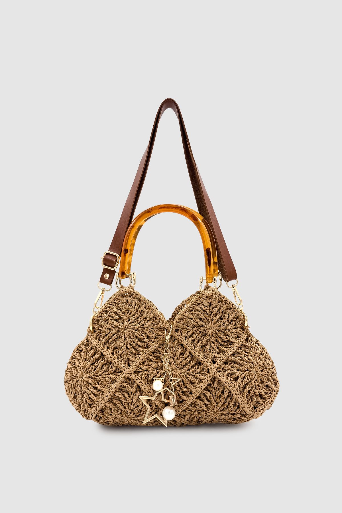 Fibra Kemik Saplı ve Askılı Mozaik Örgü %100 El Yapımı Hasır Çanta