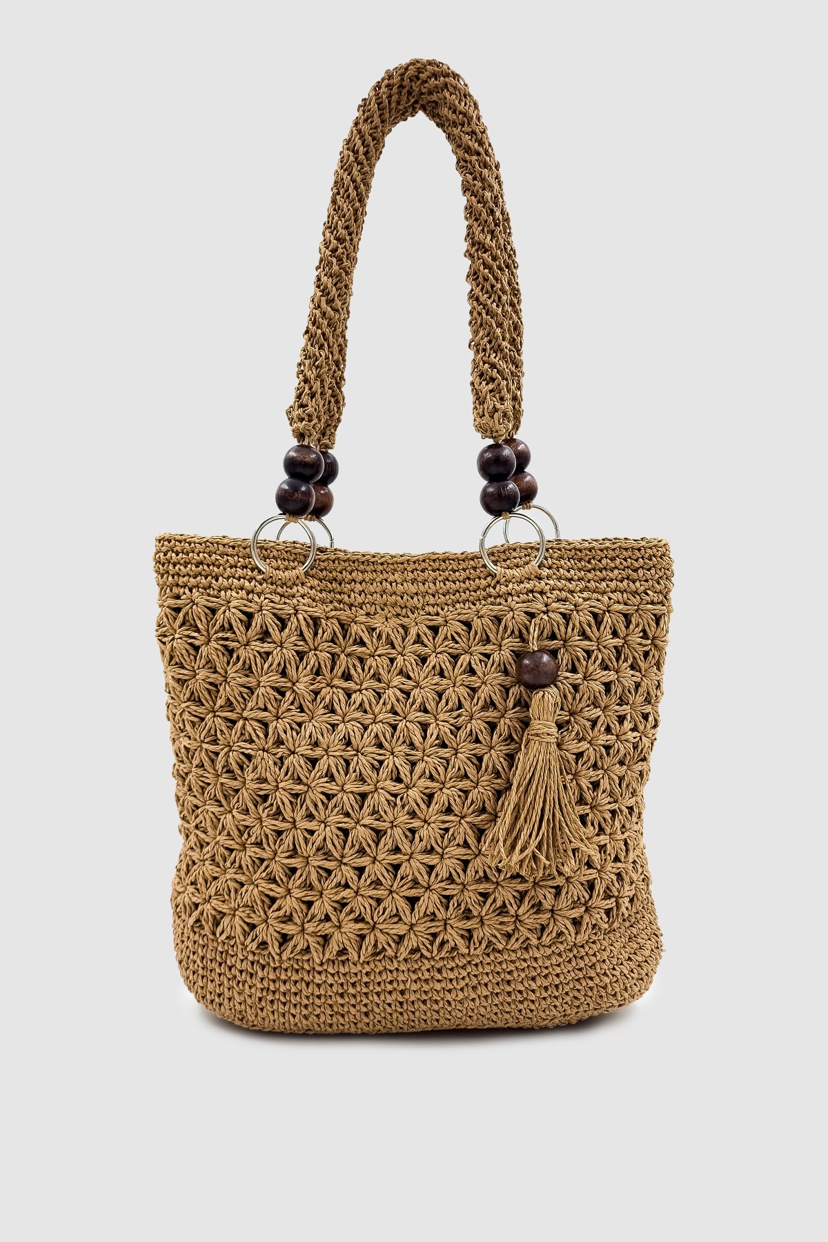 Bralin Doğal Kağıt İp Örgü ve Ahşap Boncuklu %100 El Yapımı Omuz Çantası