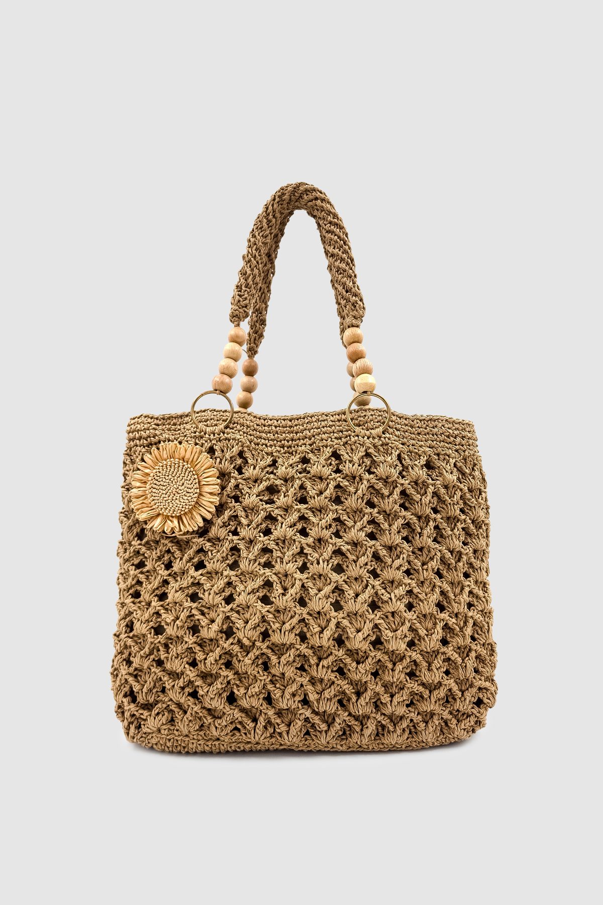 Lomin Çiçek Detaylı ve Ahşap Boncuklu %100 El Yapımı Hasır Omuz Çantası