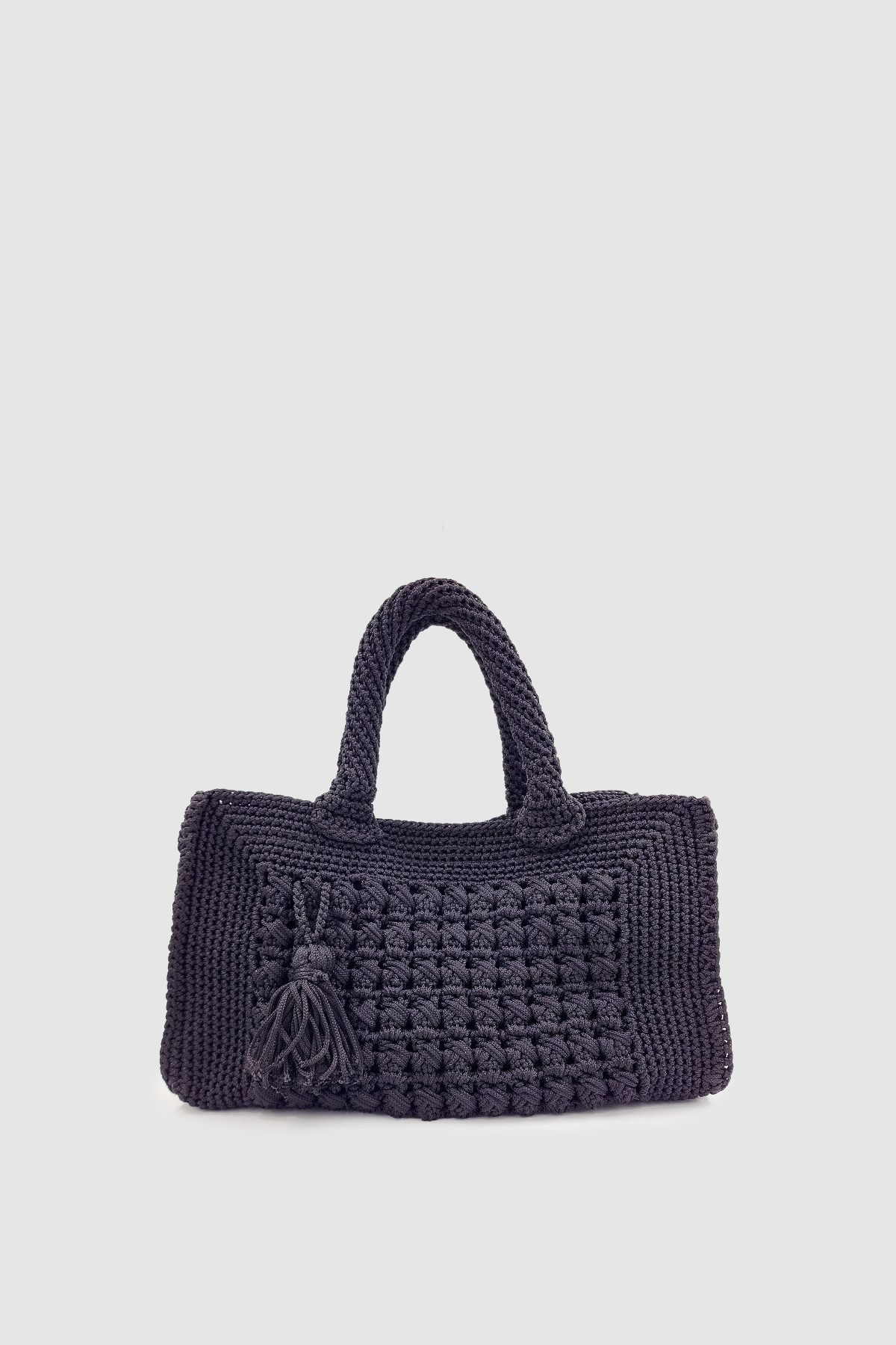 Tiela Siyah %100 El Yapımı Püsküllü Makrome Örgü Çanta